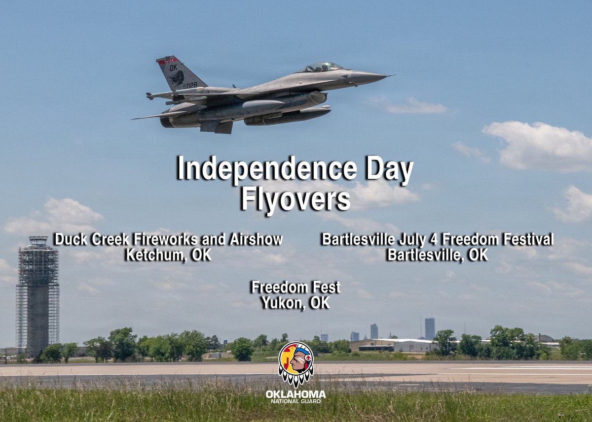 OKGuard's tweet photo. Look to the skies this Independence Day and experience the sound of freedom.

F-16s from the @138thFW Tulsa Vipers will fly over three Oklahoma community celebrations in tribute to our nation and those who defend it. https://t.co/oBByzVOc47