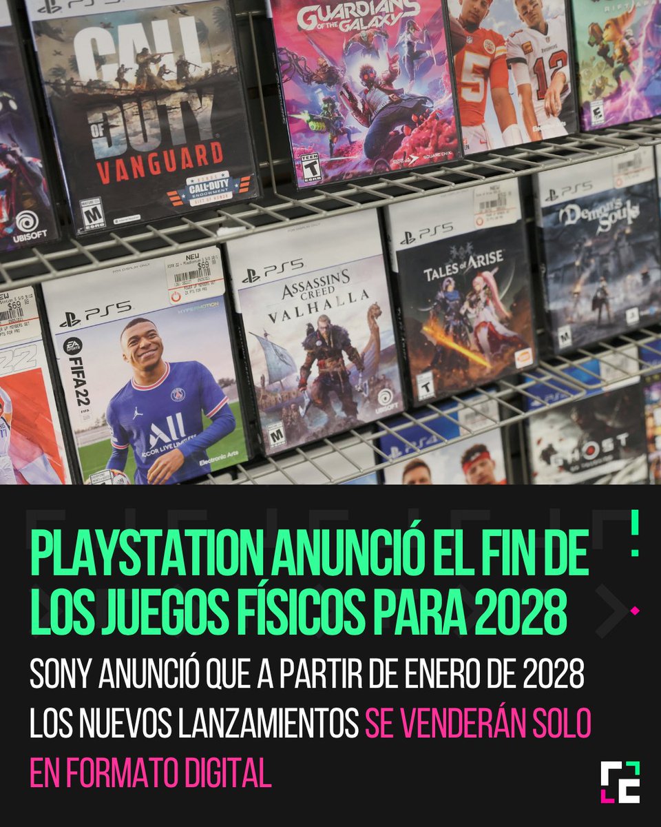 ReConectadosRC's tweet photo. 🆕 PlayStation dejará de producir discos físicos para nuevos juegos desde 2028

➡️ Sony anunció que, a partir de enero de 2028, los nuevos lanzamientos para consolas PlayStation ya no tendrán producción en disco físico y se venderán únicamente en formato digital, tanto en PlayStation Store como en tiendas.

➡️ La medida no afectará a juegos ya lanzados ni a títulos que salgan antes de esa fecha con edición en disco, pero marca un cambio fuerte en la estrategia de PlayStation frente al avance del consumo digital.