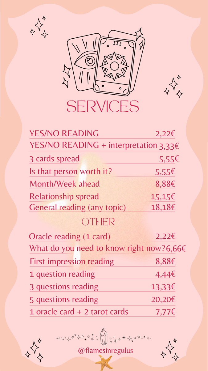 flamesinregulus's tweet photo. ☰ ⌇─➭ 𝙬𝙚𝙡𝙘𝙤𝙢𝙚  ੈ✩‧ ↷ ! 
⊹services are listed below, please read before booking.
⊹ excuse my typos when delivering readings *･῾ ᵎ⌇ ⁺◦ 
⊹ my time zone is (CEST): UTC+2 // Winter (CET): UTC+1
⊹ for further info, ask me by dm, i'll be glad to answer :) https://t.co/n4JtUBe1cx