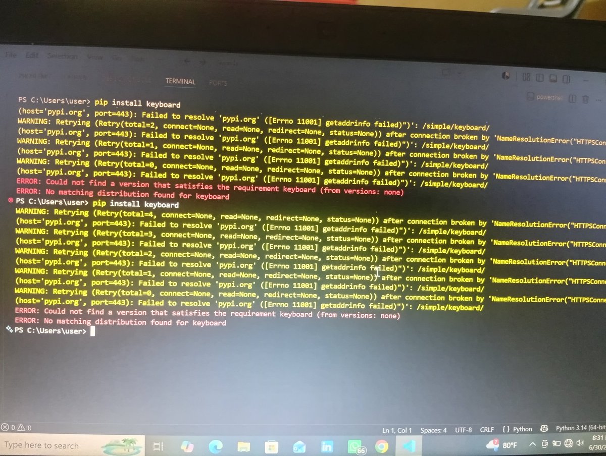 AdeagboRodiyyah's tweet photo. Day 77 of #80DaysOfCode π
β¨ Ran into multiple Python environment issues (pip, Python, & terminal)
β¨ the problem was my environment
β¨ Cleaned up old Python installations & reinstalled every
β¨ Started planning a keyboard event listener & file writing logic
#Rodiyyahwrites https://t.co/GL3tlDLNXk