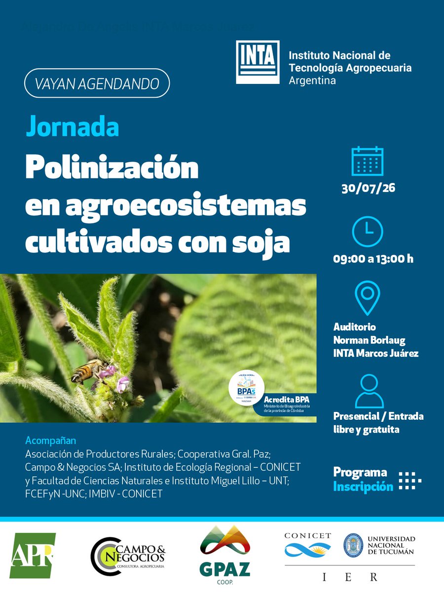INTAMsJuarez's tweet photo. 🐝Jornada de "POLINIZACIÓN EN AGROECOSISTEMAS DE SOJA"

📅Fecha: Jueves 30 de julio
⏰️Hora: 9 a 13 h
📍Lugar: EEA Marcos Juárez

🖥Link de inscripción👉 https://t.co/TBeDUWPQeA

🙋Modalidad PRESENCIAL

👉Acredita BPA

@GPAZcoop 
@MediosUNT 
@FCEFyN_UNC 
@IMBIVCONICETUNC https://t.co/HdSl8HJNnS