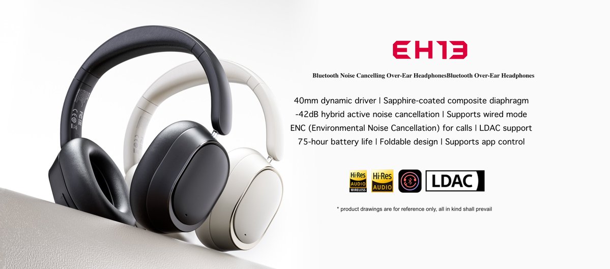 stufflistings's tweet photo. FIIO just dropped their new over-ear headphones with ANC and 75 hours of battery life.

40mm dynamic driver with a sapphire-coated diaphragm, 42dB hybrid ANC, LDAC support, dual ES9068AS DAC chips processing left and right channels separately, 5 mics for call noise cancellation, and a gaming mode.

The FIIO EH13...