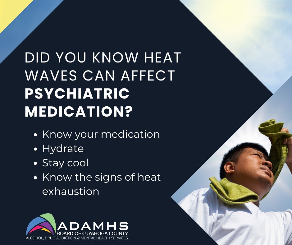 ADAMHSBoardCC's tweet photo. Some medications used to treat mental health conditions may make it harder for your body to regulate temperature. Be sure to talk with your healthcare provider if you have questions about how heat may interact with your medications. https://t.co/7huR4tpnrq