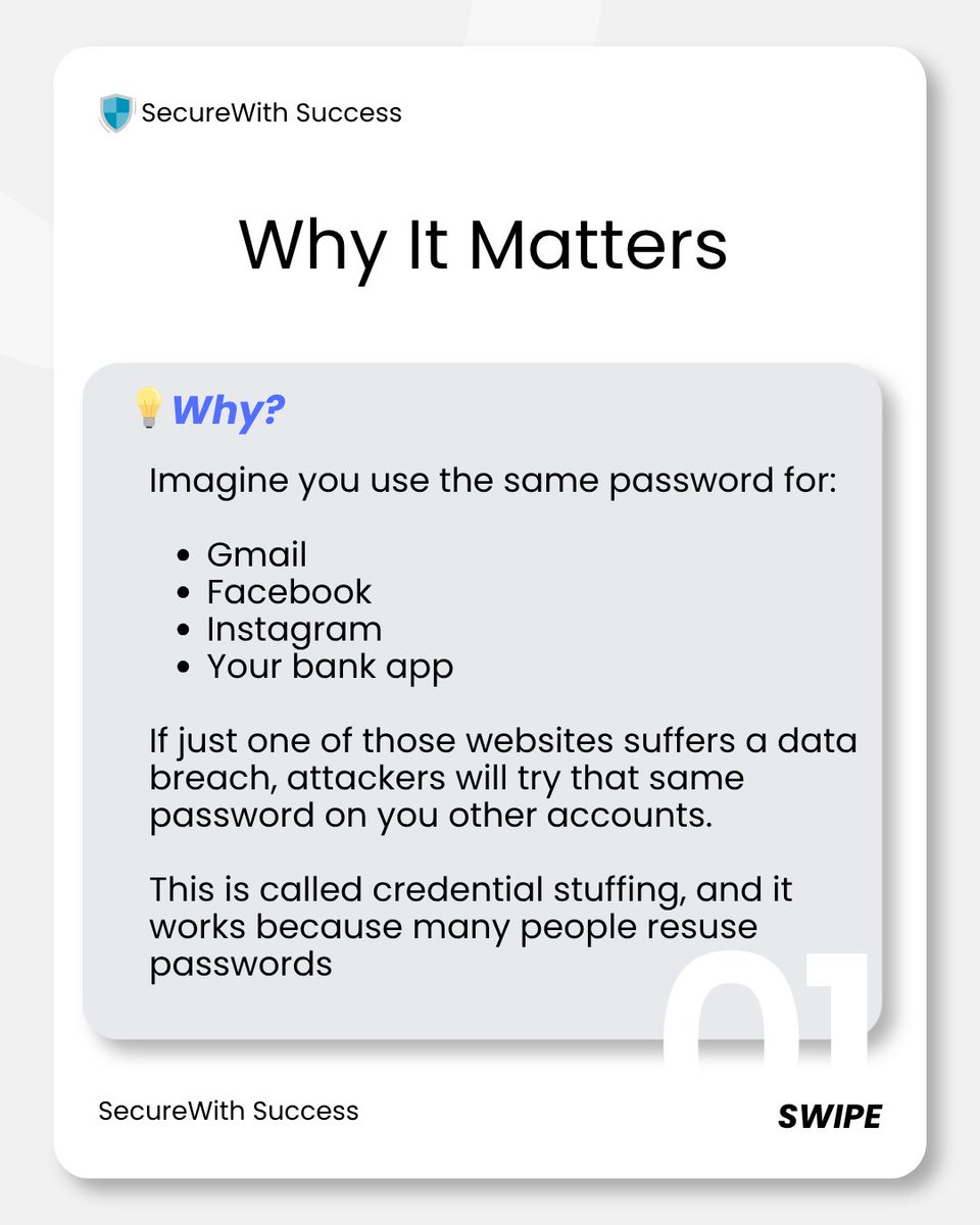 simply_rez's tweet photo. Reusing passwords feels convenient until hackers get one.

Then they have ALL your accounts.

60 seconds to fix it: Stop password reuse today. 

Learn why + what to do instead in today's tip.

When’s the last time you did a password audit? 

#60SecondsToSaferSecurity #cyber https://t.co/6x0tANIRU3