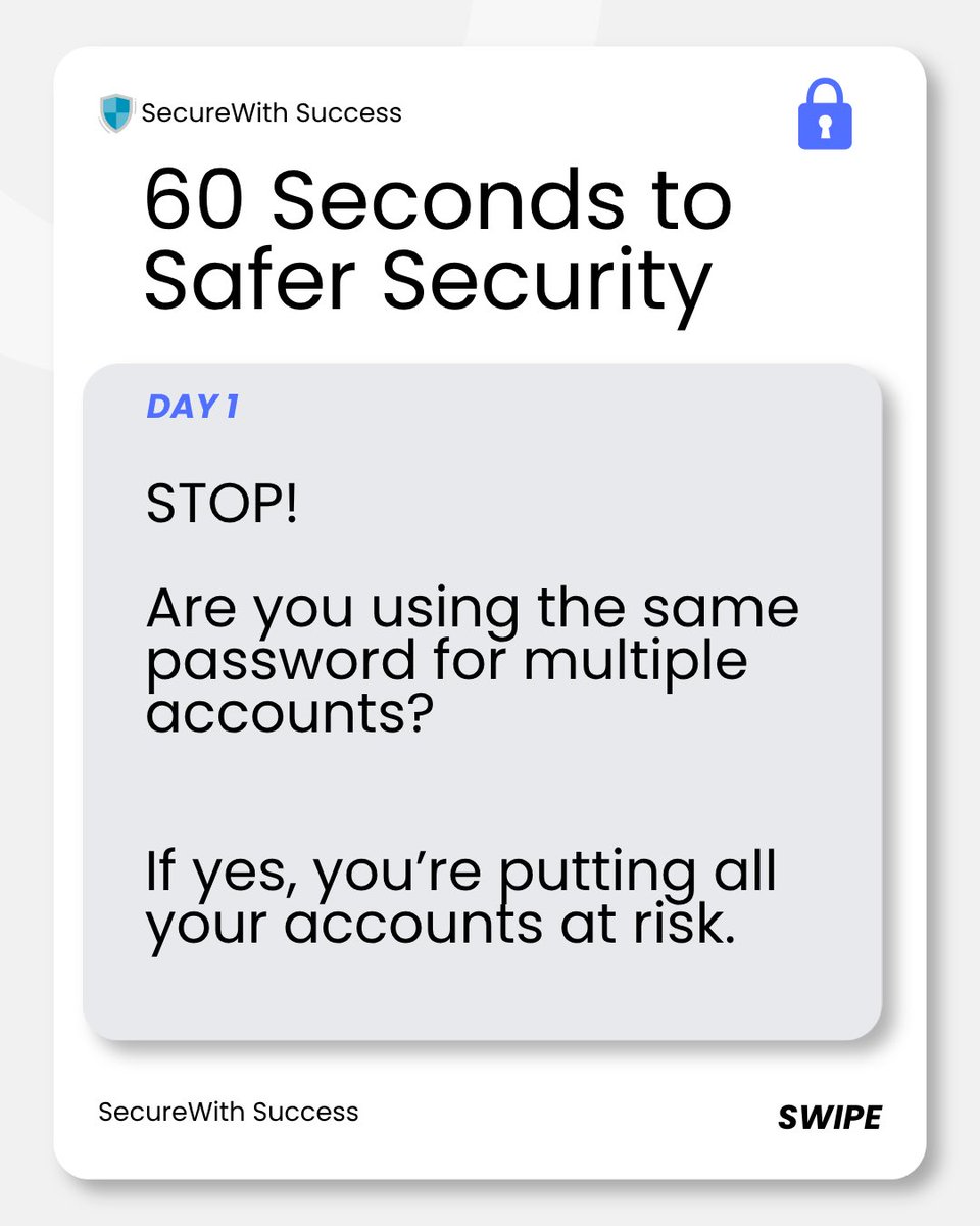 simply_rez's tweet photo. Reusing passwords feels convenient until hackers get one.

Then they have ALL your accounts.

60 seconds to fix it: Stop password reuse today. 

Learn why + what to do instead in today's tip.

When’s the last time you did a password audit? 

#60SecondsToSaferSecurity #cyber https://t.co/6x0tANIRU3