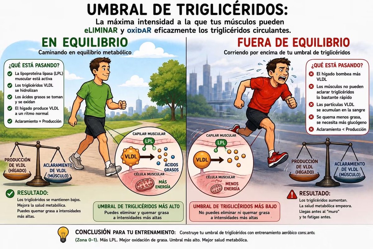 SolinLujanRuz's tweet photo. 🏃‍♂️🔥 ¿Qué pasaría si el problema no fuera entrenar más… sino entrenar mejor?

Existe un punto donde tu cuerpo todavía puede usar y eliminar triglicéridos de forma eficiente para producir energía. A esto se le puede llamar umbral de triglicéridos: cuanto más alto, mejor capacidad para oxidar grasa, sostener el esfuerzo y mejorar tu salud metabólica. Lo ideal es el ejercicio aeróbico de intensidad moderada (entre el 60% y 70% de tu frecuencia cardíaca máxima).

✅ Entrenamiento aeróbico constante
✅ Mejor utilización de grasa como combustible
✅ Más eficiencia metabólica

La clave no siempre está en ir más rápido. A veces está en construir una base que te permita llegar más lejos.