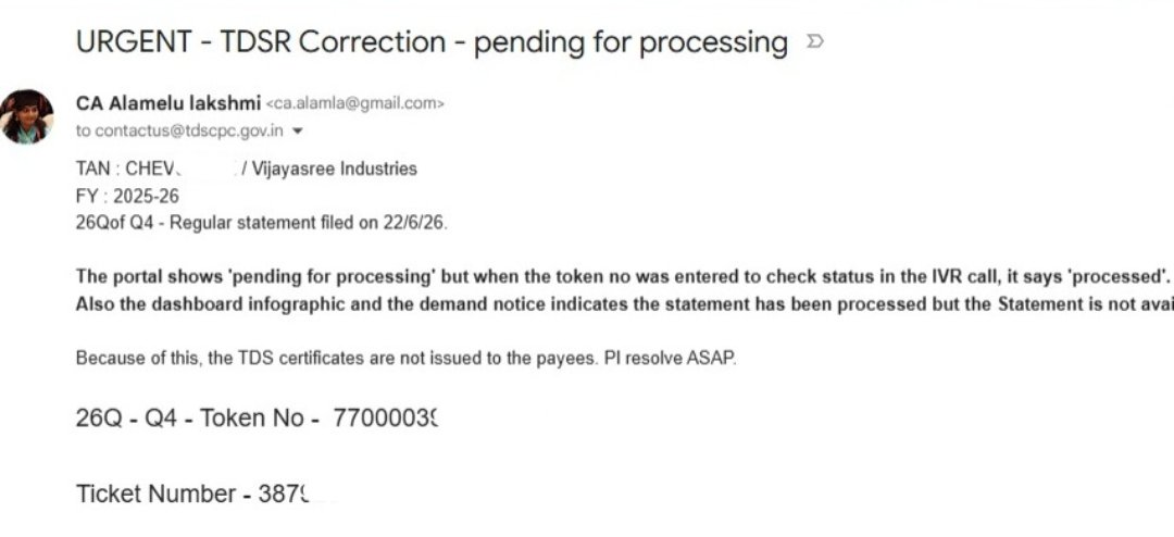 Amitha_J's tweet photo. @IncomeTaxIndia 

TDS statement not available and shows pending for processing. 

Several tickets raised and mails sent for resolution but to no avail. 

Please resolve immediately.

Ticket number 387923 https://t.co/bj16faGXpE