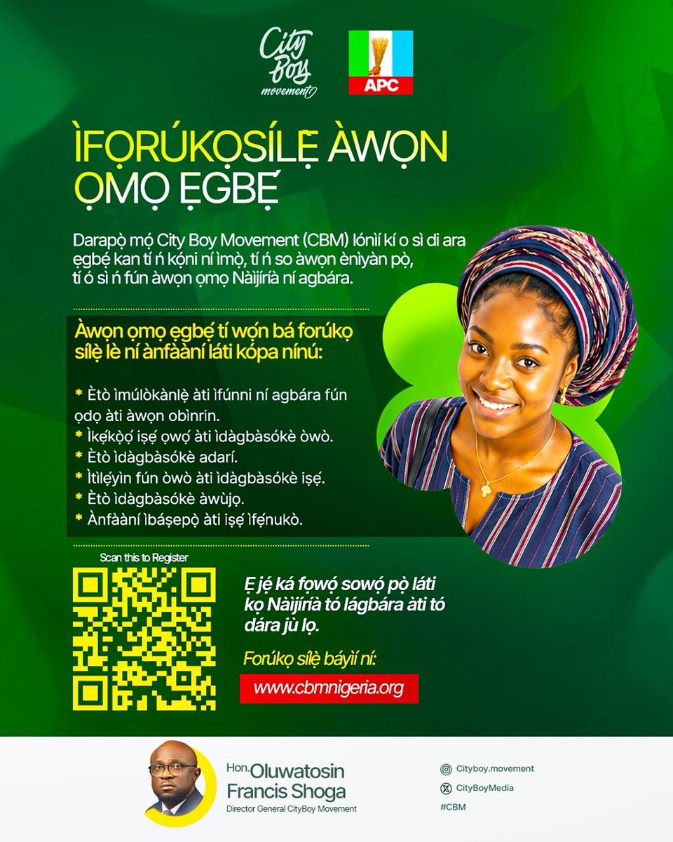 CityBoyMedia's tweet photo. OFFICIAL MEMBERSHIP REGISTRATION

Join the City Boy Movement today and become part of a nationwide platform committed to informing, engaging, and empowering Nigerians.

Registered members may have opportunities to benefit from:
• Youth and women empowerment programmes
• ⁠Skills acquisition and entrepreneurship training
• ⁠Leadership development
• ⁠Business and career support initiatives
• ⁠Community development programmes
• ⁠Networking and volunteer opportunities

_Together, we can build a stronger Nigeria.

*Register now:
https://t.co/lkHgJaJQfF

#CityBoyMovement
#RenewedHope
#APC

cc: @STinubu 
@ayowisdom_ 
@shoga_francis 
@kokomatic
