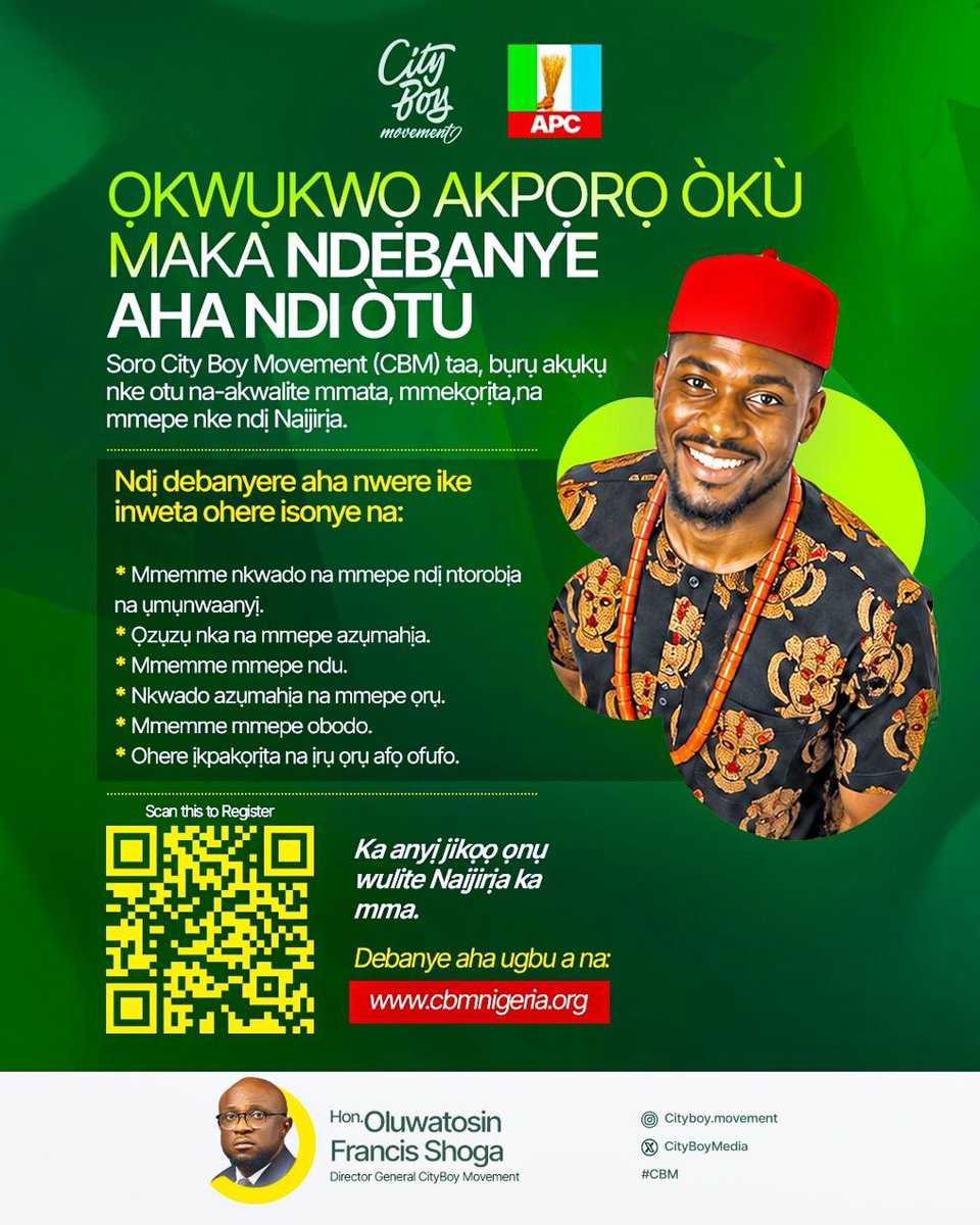 CityBoyMedia's tweet photo. OFFICIAL MEMBERSHIP REGISTRATION

Join the City Boy Movement today and become part of a nationwide platform committed to informing, engaging, and empowering Nigerians.

Registered members may have opportunities to benefit from:
• Youth and women empowerment programmes
• ⁠Skills acquisition and entrepreneurship training
• ⁠Leadership development
• ⁠Business and career support initiatives
• ⁠Community development programmes
• ⁠Networking and volunteer opportunities

_Together, we can build a stronger Nigeria.

*Register now:
https://t.co/lkHgJaJQfF

#CityBoyMovement
#RenewedHope
#APC

cc: @STinubu 
@ayowisdom_ 
@shoga_francis 
@kokomatic