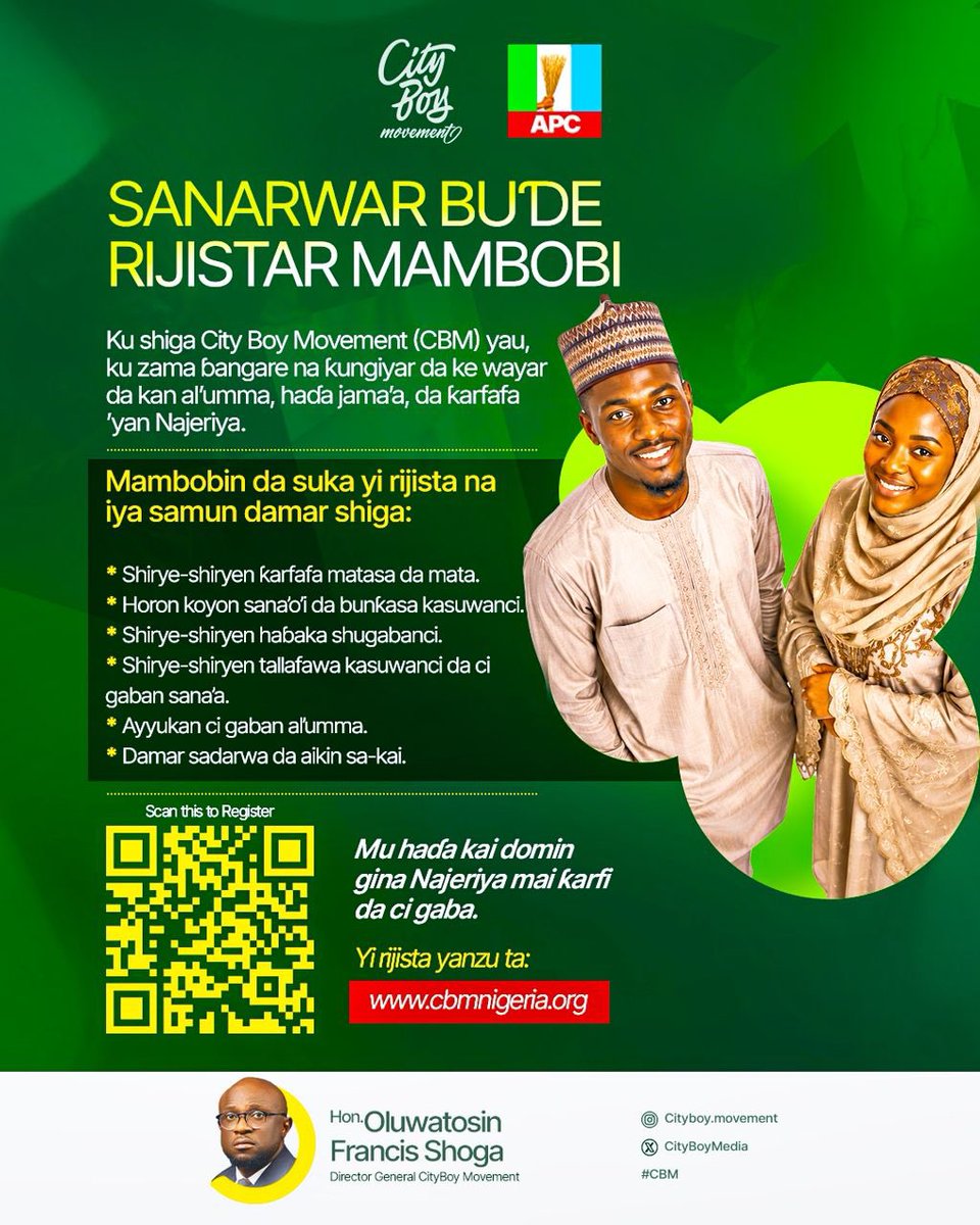 CityBoyMedia's tweet photo. OFFICIAL MEMBERSHIP REGISTRATION

Join the City Boy Movement today and become part of a nationwide platform committed to informing, engaging, and empowering Nigerians.

Registered members may have opportunities to benefit from:
• Youth and women empowerment programmes
• ⁠Skills acquisition and entrepreneurship training
• ⁠Leadership development
• ⁠Business and career support initiatives
• ⁠Community development programmes
• ⁠Networking and volunteer opportunities

_Together, we can build a stronger Nigeria.

*Register now:
https://t.co/lkHgJaJQfF

#CityBoyMovement
#RenewedHope
#APC

cc: @STinubu 
@ayowisdom_ 
@shoga_francis 
@kokomatic