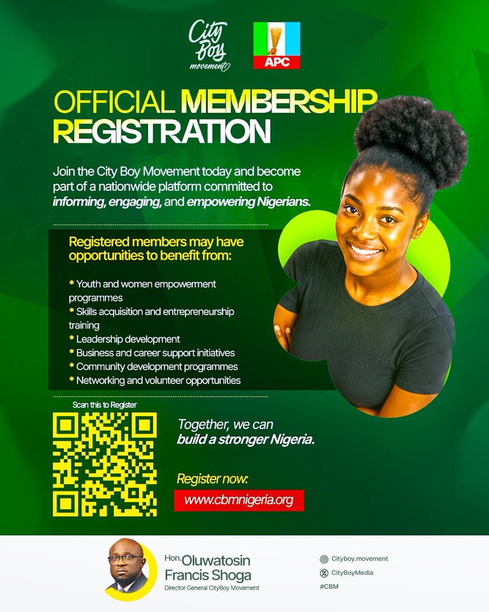 CityBoyMedia's tweet photo. OFFICIAL MEMBERSHIP REGISTRATION

Join the City Boy Movement today and become part of a nationwide platform committed to informing, engaging, and empowering Nigerians.

Registered members may have opportunities to benefit from:
• Youth and women empowerment programmes
• ⁠Skills acquisition and entrepreneurship training
• ⁠Leadership development
• ⁠Business and career support initiatives
• ⁠Community development programmes
• ⁠Networking and volunteer opportunities

_Together, we can build a stronger Nigeria.

*Register now:
https://t.co/lkHgJaJQfF

#CityBoyMovement
#RenewedHope
#APC

cc: @STinubu 
@ayowisdom_ 
@shoga_francis 
@kokomatic