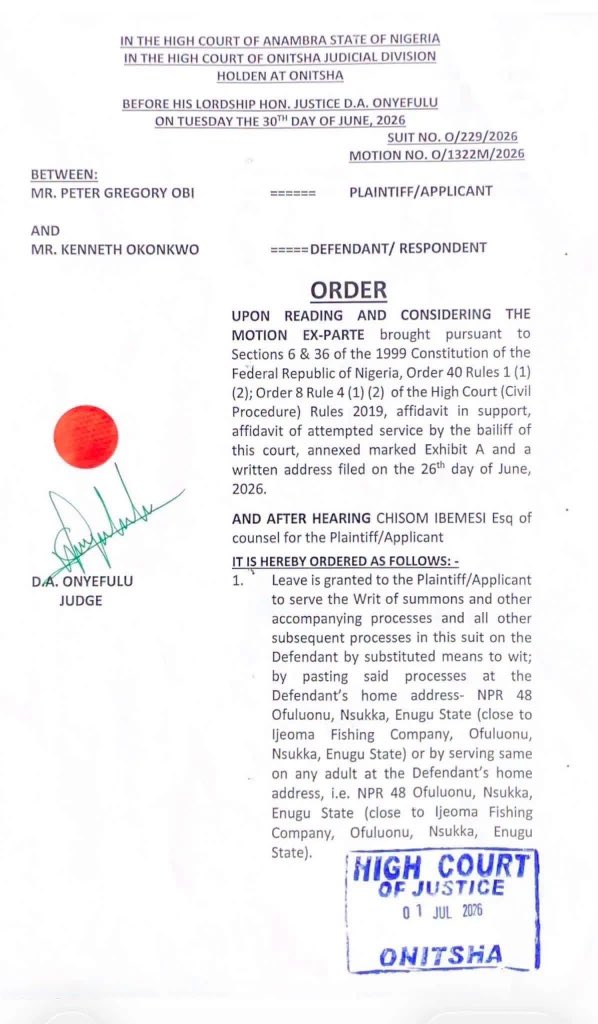 ELLUP76's tweet photo. So Kenneth Okonkwo ran away from his family house in Nsukka and since then has been living in different low budget hotels  as a means to stop court from severing him  papers 

 But Today, An Anambra State High Court sitting in Onitsha has granted NDC presidential candidate, Peter Obi, permission to serve court documents on Kenneth Okonkwo through substituted means after attempts at personal service were unsuccessful. 

The court ordered that the documents be pasted at Okonkwo's last known address in Nsukka, Enugu State, or handed to any adult found at the residence. The suit is expected to proceed once the substituted service is completed. 

He is now living in actual bondage