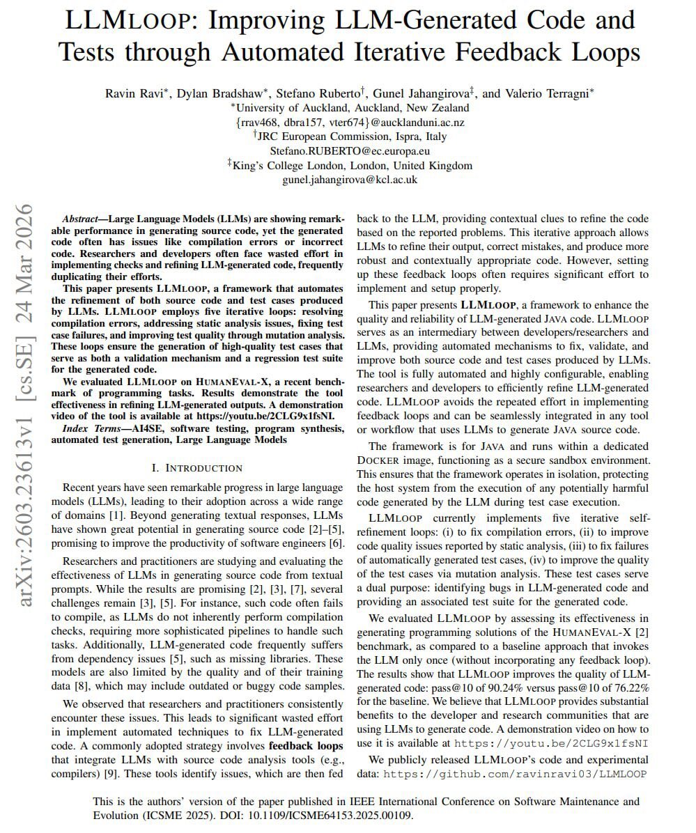 Paper screenshot summarizing the LLMLoop workflow of compile, static-analysis, test, fix, and rerun loops for generated code