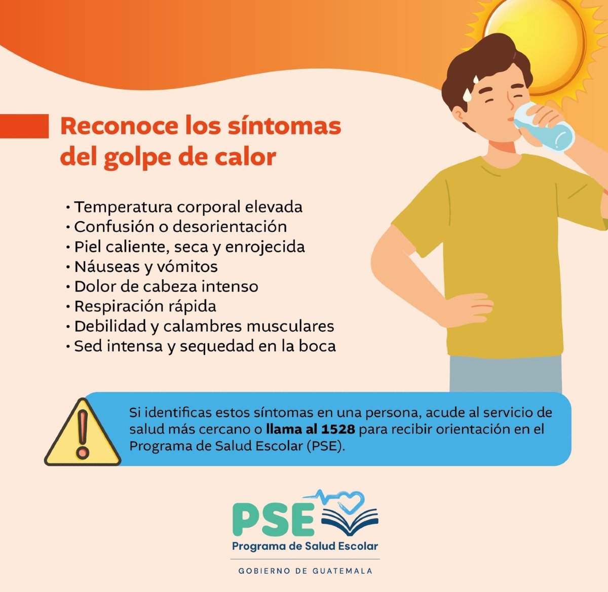 MineducGT's tweet photo. ☀️💧 ¡Cuidemos la salud de la comunidad educativa!

Desde el Programa de Salud Escolar (PSE) compartimos recomendaciones importantes ante las condiciones de calor que se presentan en el país.

⚠️ Ante cualquier malestar, acude al servicio de salud más cercano o llama al 1528 para recibir orientación.