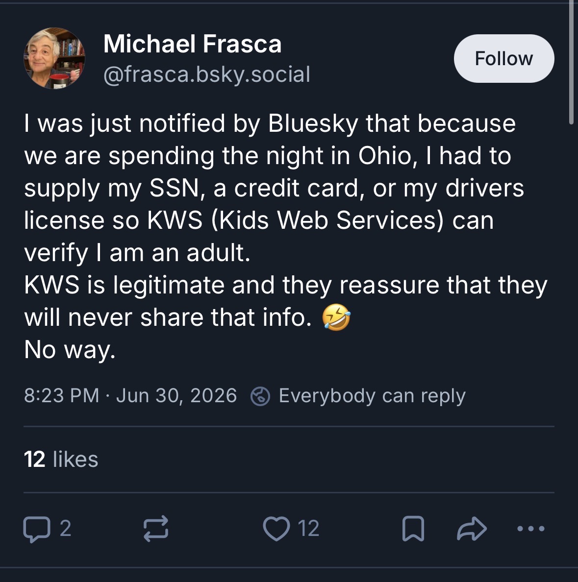 acvalensVT's tweet photo. Another Bluesky user was asked to supply their SSN to access the platform. Here’s his post and a screengrab of the age verification site he shared — many users are threatening to leave Bluesky if the age verification system becomes more widespread https://t.co/qQnv013EtU