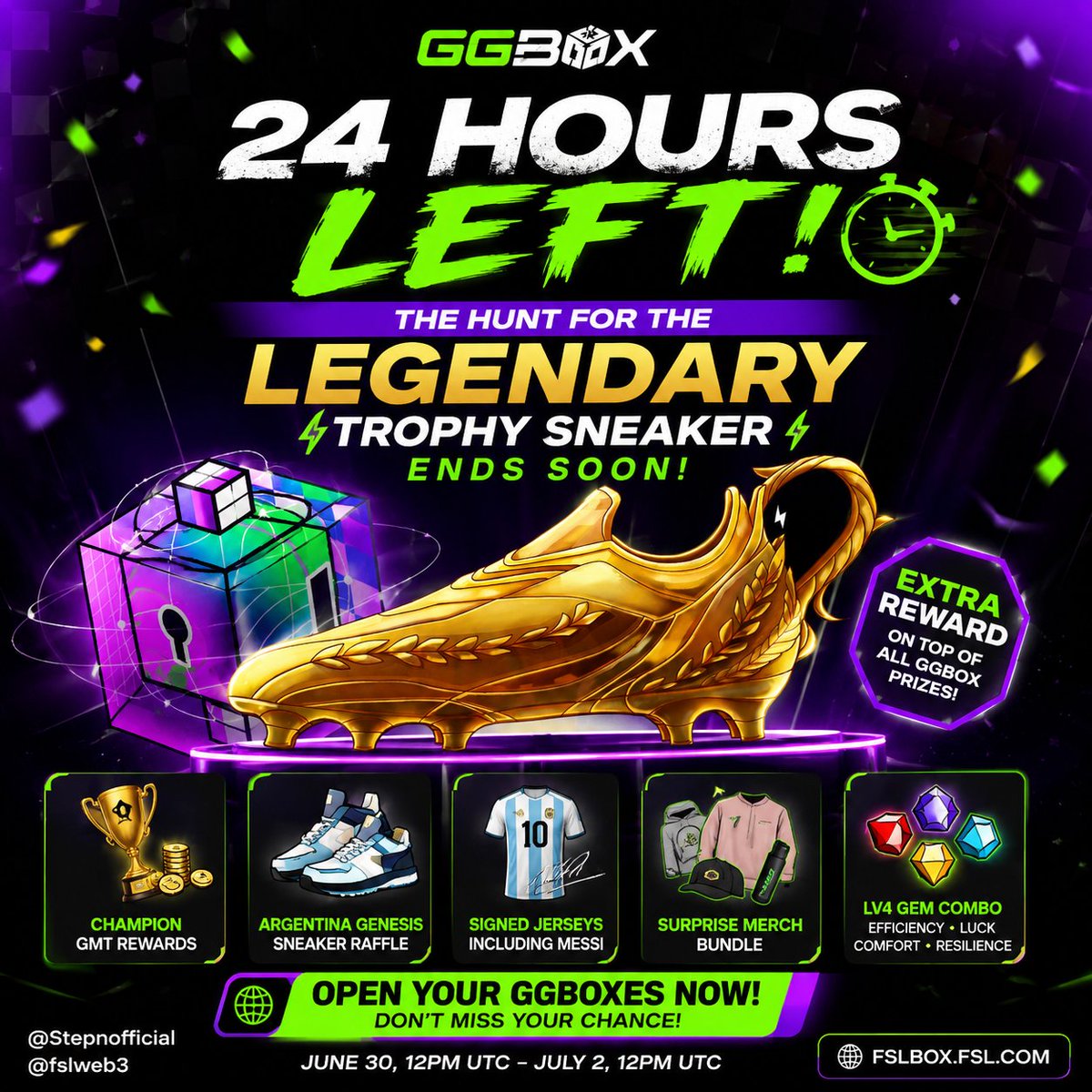 BugxGamer's tweet photo. 🚨 ONLY 24 HOURS LEFT! 🏆⏰

The hunt for the Legendary Trophy Sneaker is entering its final stretch! 👟🔥

This isn't just another GGBox reward, it's an EXTRA prize added on top of the existing rewards. 📦✨

Don't miss your chance! 🧵👇
@Stepnofficial  #STEPN #STEPNGO #GGBox https://t.co/GqoGMymBzl