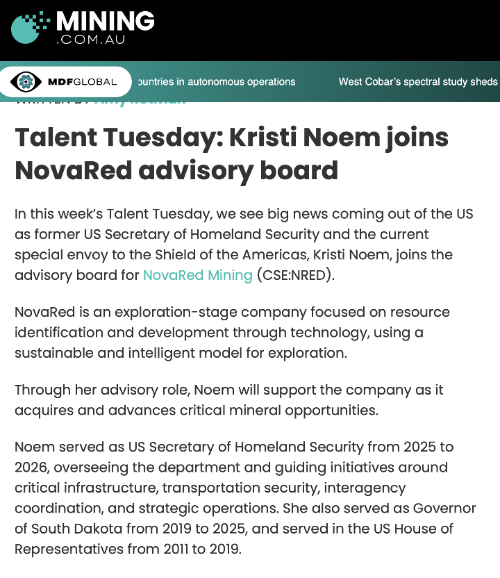 wpxnc68929231's tweet photo. THE WASHINGTON EXAMINER ARTICLE MADE ME SEE NREDF DIFFERENTLY

After reading the Washington Examiner article, I came away even more bullish on NovaRed Mining 
The article doesn't present Kristi Noem as just another advisor-it connects her appointment to America's industrial future, national security and the growing need for secure copper supply
 
That's a very different narrative than what most junior miners receive 
NovaRed already controls 39,726 acres, has 3 drill-ready targets, 18.3 miles of completed IP/AMT surveys and C$8.5M committed toward earning a 70% interest in Wilmac 
Then you add Dr. Olamide Oladeji, a Stanford Applied AI Ph.D., dual MIT graduate, Forbes 30 Under 30 honoree and Knight-Hennessy Scholar, whose AI platforms have supported 200,000+ businesses across 40+ countries

To me, NREDF is building around four pillars: Canadian copper, AI, national policy and secure supply chains That's a combination I don't see very often 
My long-term target remains above C$4. DYOR
