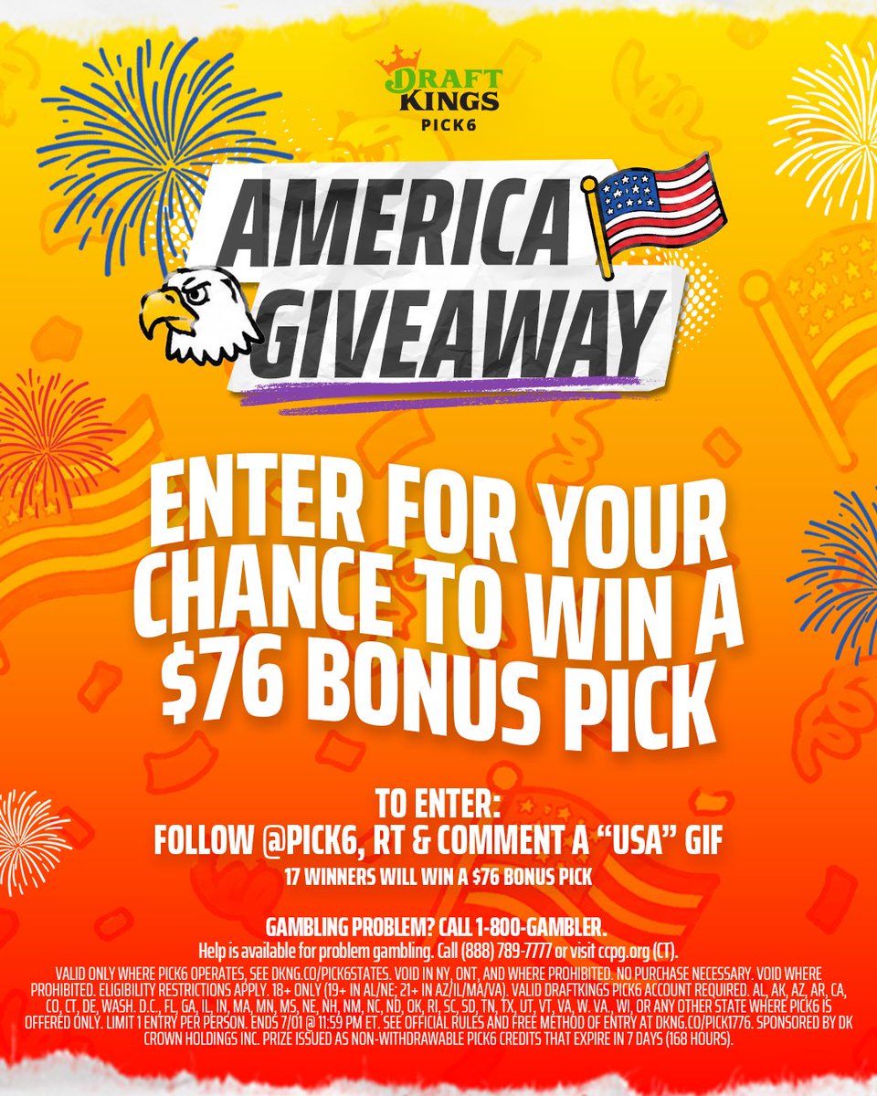 Pick6's tweet photo. Pick1776 Giveaway. 🇺🇸

To get in the Patriotic spirit, we are giving away $76 Bonus Picks to 17 winners!

Follow @Pick6, RT, and reply with a USA GIF to enter. https://t.co/G8hrRBQyCN