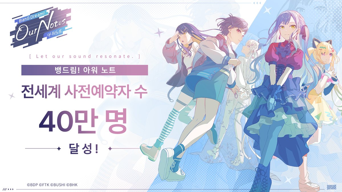 bangdreamon_KR's tweet photo. 🎊<뱅드림! 아워 노트> 전세계 사전예약자 수 40만 명 달성!🎊 

사전예약에 참여해 주시고 응원해 주신 모든 분들께 진심으로 감사드립니다!✨ 
이번 사전예약 목표 달성 보상으로 게임 출시 후 누적 달성 보상인 스타 2,000개를 지급해 드립니다!🎉  

사전예약자 수 증가에 따라 더 많은 목표 달성 보상이 순차적으로 추가됩니다. 
사전예약자 수 50만 명 달성 시 스타 2,000개 보상도 추가됩니다!  

▼ 지금 바로 사전예약하기 ▼ https://t.co/qh2DtkQ7Or  

#뱅드림 #아워노트