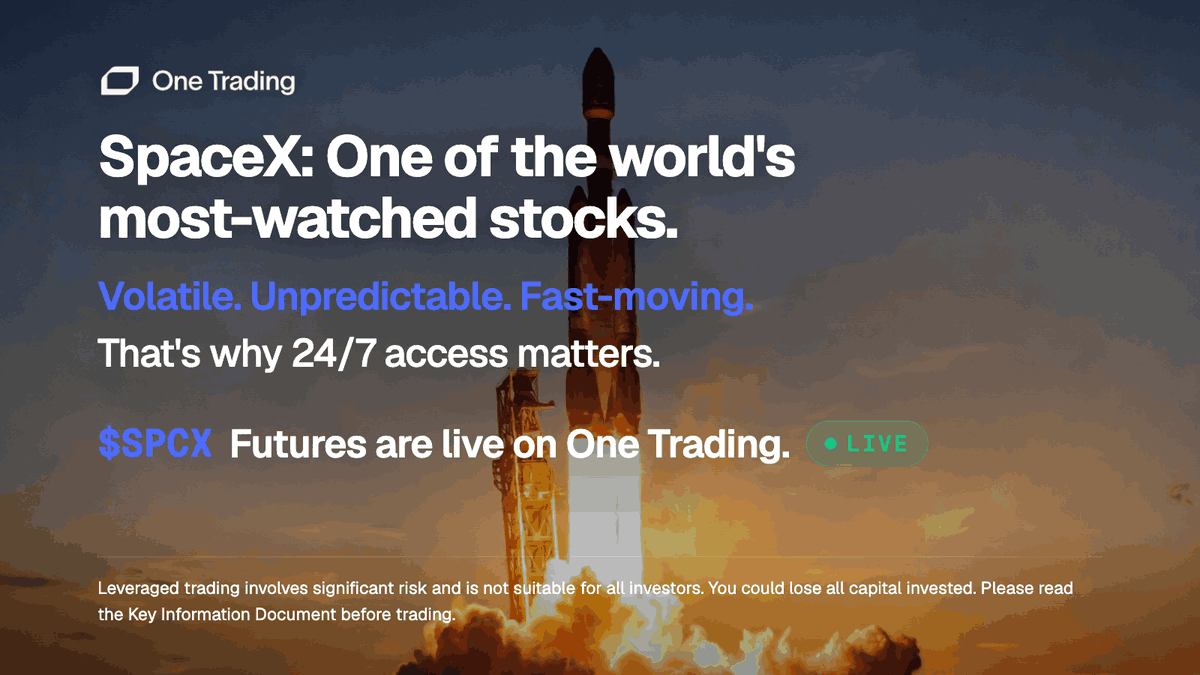 OneTradingEU's tweet photo. $SPCX has been one of the most-watched stocks since IPO.

Volatile. Unpredictable. Fast-Moving.
That's why 24/7 access matters.

$SPCX Futures are live on One Trading. https://t.co/w1IqmvuYBS