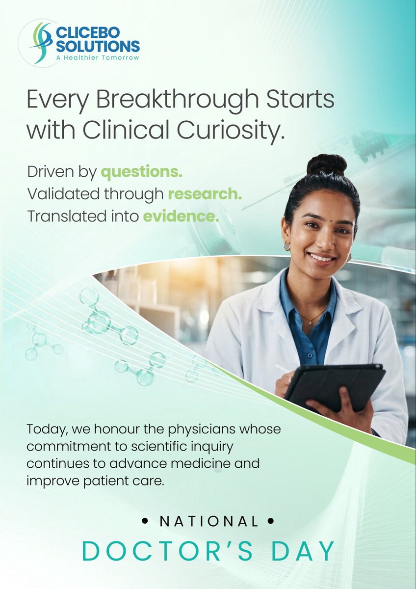 CliceboSolution's tweet photo. This #NationalDoctorsDay, we honour the physicians advancing medicine through research, innovation, and evidence.
Proud to be a clinician-driven MedTech CRO led by Dr. Upendra Kaul and Dr. Rajen Ghadiok.
#CliceboSolutions #ClinicalResearch #MedTech https://t.co/vLM1TbC4iD