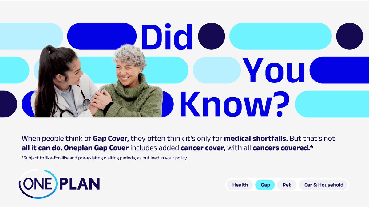 oneplangapcover's tweet photo. 💙 Did You Know?
When people think of Gap Cover, they often think it's only for medical shortfalls.
Oneplan Gap Cover includes added cancer cover, with all cancers covered.*
Subject to like-for-like and pre-existing waiting periods.
#Oneplan #GapCover https://t.co/Mt1NaBS6fc