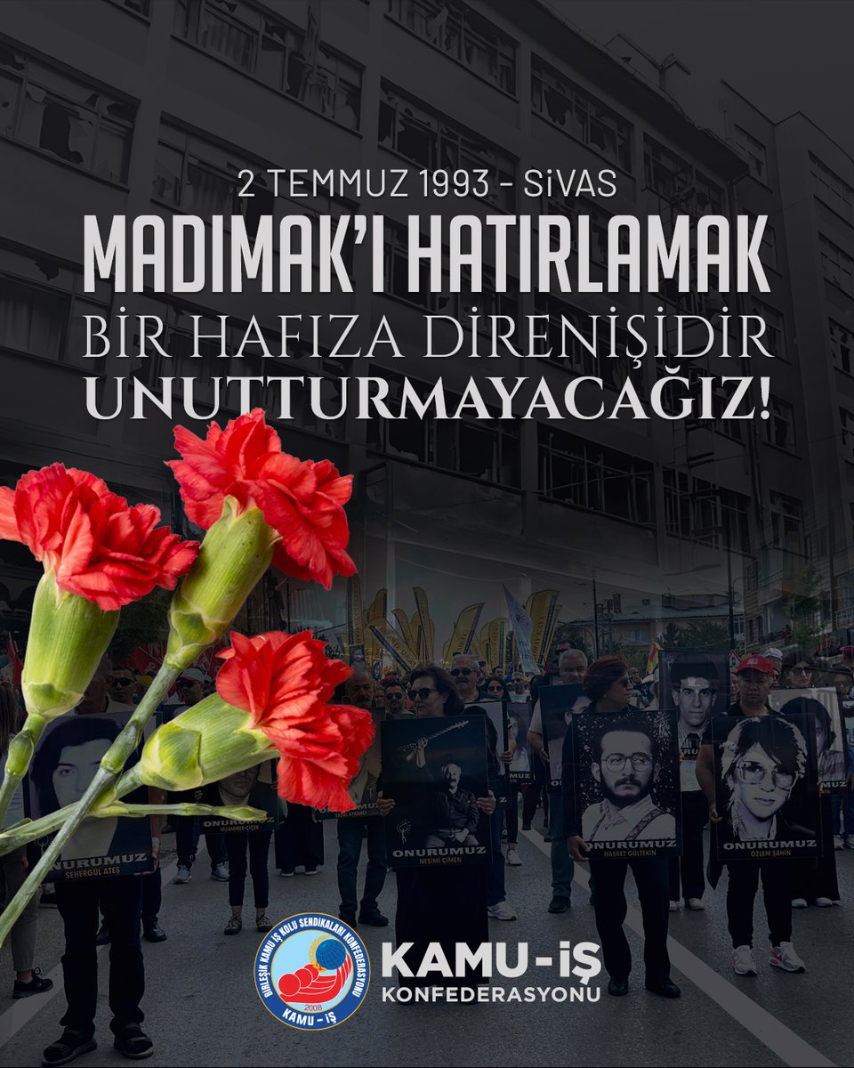 kamuiskonf's tweet photo. SİVAS KATLİAMI’NI UNUTMAYACAK, UNUTTURMAYACAĞIZ!

2 Temmuz 1993, ülke tarihimizin en karanlık günlerinden biridir. Bu acıyı dindirmenin yolu ise kuşkusuz hafızayı korumaktan ve adalet talebinden asla vazgeçmemekten geçer.

Sivas’ta, gerici ve faşist bir güruh tarafından Madımak Oteli’nin kuşatılarak ateşe verilmesinin üzerinden tam 33 yıl geçti. O kara günde; bu toprakların yetiştirdiği 33 aydın, sanatçı, yazar ve ozanımız ile birlikte 2 otel görevlisi, canice katledildi.

Aydınlara karşı günler öncesinden başlatılan kara propaganda, örgütlü gericiliği cesaretlendirdi ve tarihe kara bir leke olarak düşen o katliam yaşandı.

Madımak’ta yükselen alevler, yalnızca masum canlarımızı değil; adaleti, demokrasiyi, laikliği ve insanlık onurunu hedef almıştır. Kamu-İş olarak, Cumhuriyetimizin ve insanlığın ortak değerlerine kasteden bu gerici vahşeti, aradan geçen onlarca yıla rağmen aynı öfke ve dinmeyen bir acıyla lanetliyoruz.

Açıklamanın devamı için: https://t.co/WMz0tkcOVQ

#Sivas #UnutMADIMAKlımda