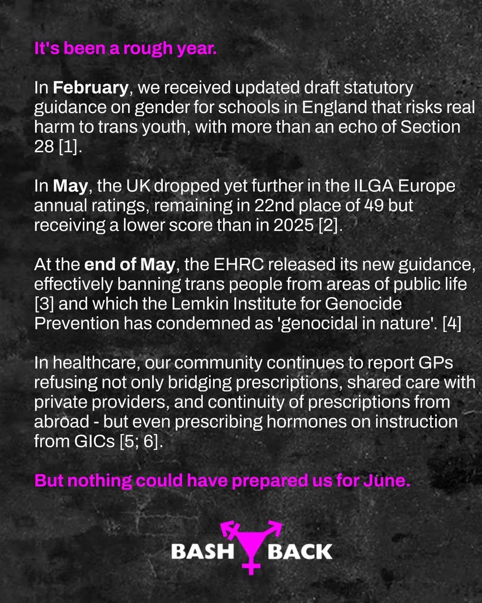 xoxoBASHBACK's tweet photo. PRIDE MONTH WAS TERRIBLE FOR TRANS PEOPLE.

2026 has been a garbage year for trans people, but no part of it has been rougher than this June. Pride month should be a time for celebration and resistance, instead we saw huge rollbacks to our already limited rights.

(1/?) https://t.co/Eh8RYY1S2Q