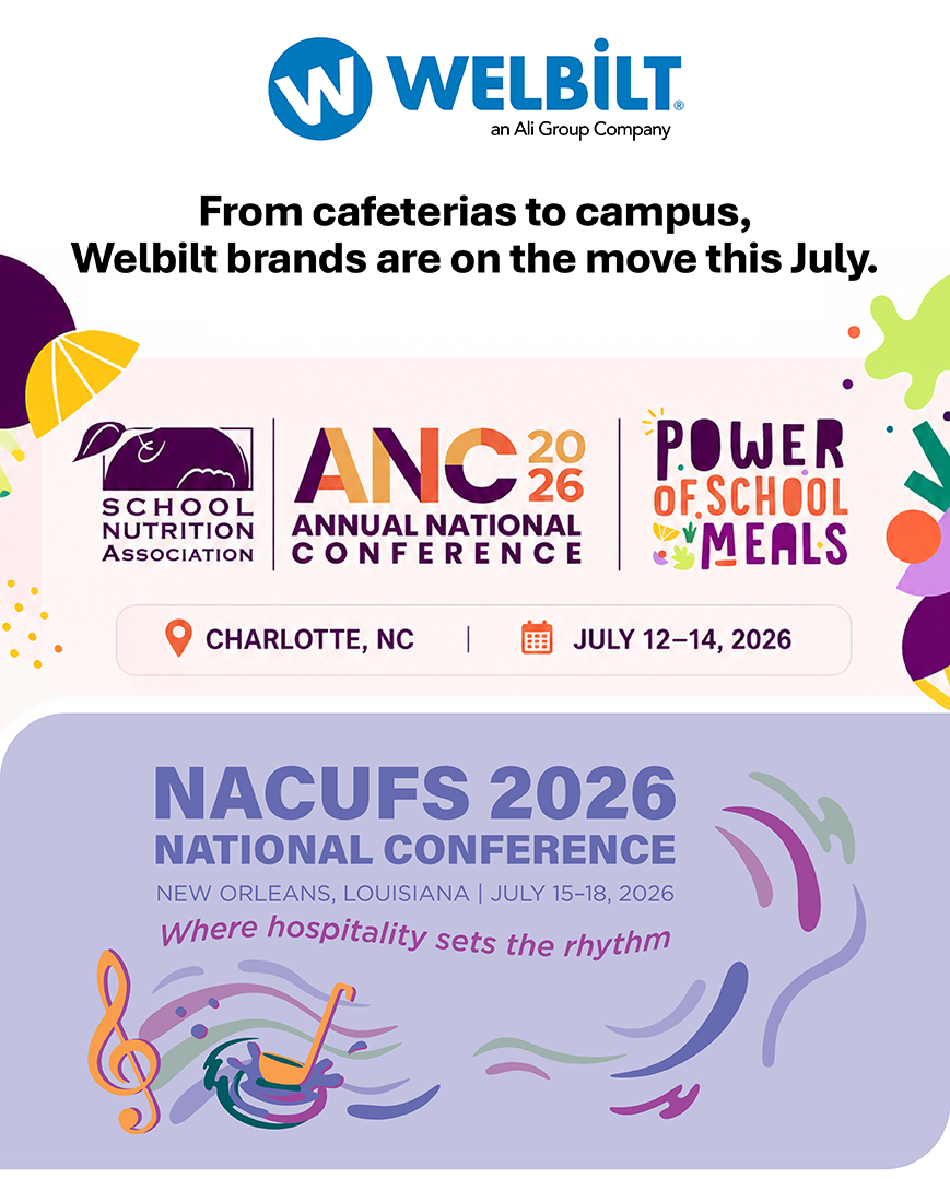 WelbiltInc's tweet photo. Welbilt brands are headed to #ANC26 in Charlotte and #NACUFS2026 in New Orleans this July! Visit us to discover smart foodservice solutions for K-12 and higher education. Together, let's shape the future of student dining.

#Welbilt #AliGroupFS #SchoolNutrition #CollegiateDining https://t.co/ZmPbb3fyfk