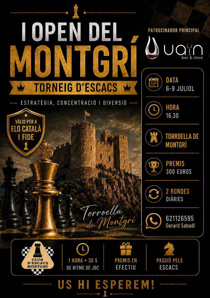 escacsgerunda's tweet photo. #EscacsFestaMajor | Propostes
Tornejos pel cap de setmana (4-5 juliol) i un Obert que comença dilluns: Vic, Hostalric, Malgrat i Torroella de Montgrí.
Si no jugues... és perquè no vols.
#Escacs #Vic #Malgrat #Hostalric #TorroellaMontgri @EscacsMontgri @escacs_d #EscacsGerunda https://t.co/XqXjVAfx5J