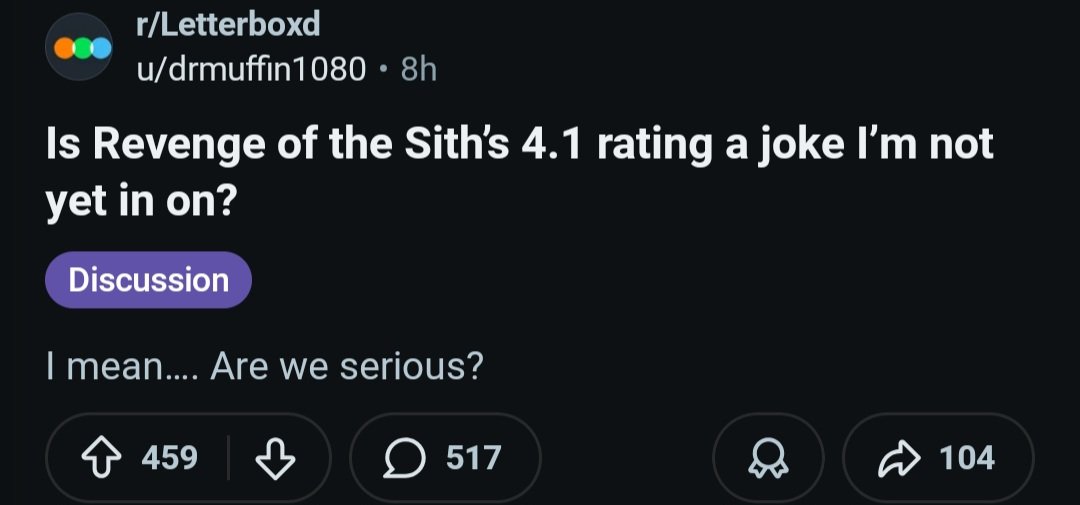 predator467's tweet photo. Letterboxd is full of trash that gets overrated yet some millenial will seethe over Revenge of the Siths rating every week. Sorry but you lost! https://t.co/GPgcnsBt6K
