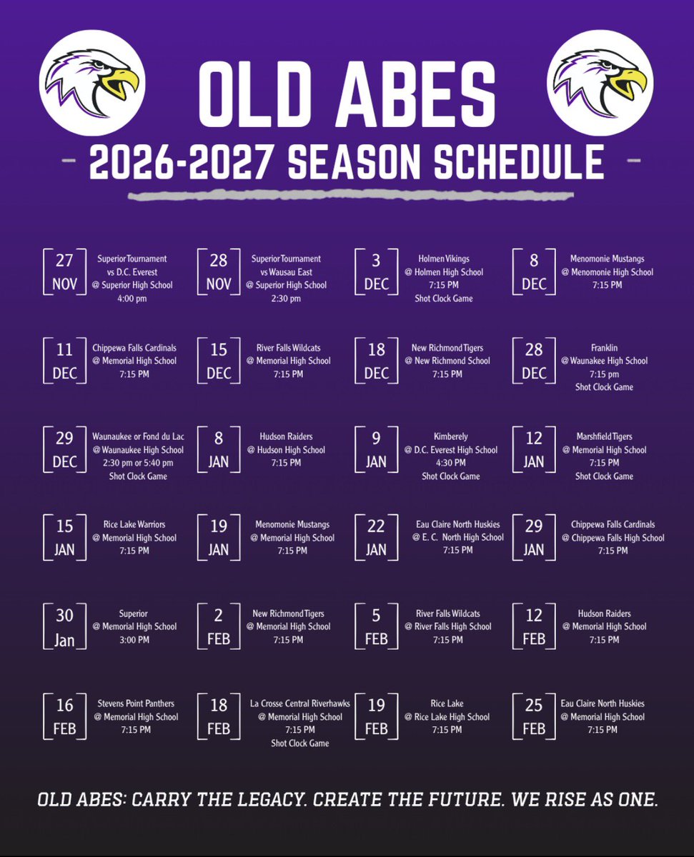 OldAbesBB's tweet photo. Our updated varsity schedule designating the confirmed shot clock games to this point. #oldabepride #riseas1 https://t.co/Zd0n030o3X