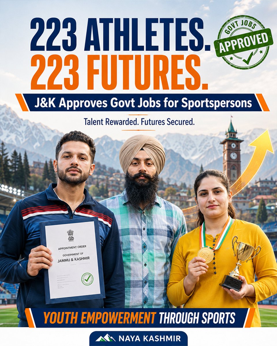 DarZeenat71418's tweet photo. @ANI J&K’s decision to provide govt jobs to 223 sportspersons turns sporting talent into secure futures. It is a clear message that hard work, discipline and achievement will be rewarded. #NayaKashmir #SportsTalent #YouthFirst #newshape #SmartDelhi #ApolloTyres https://t.co/OiCuc6TnGP