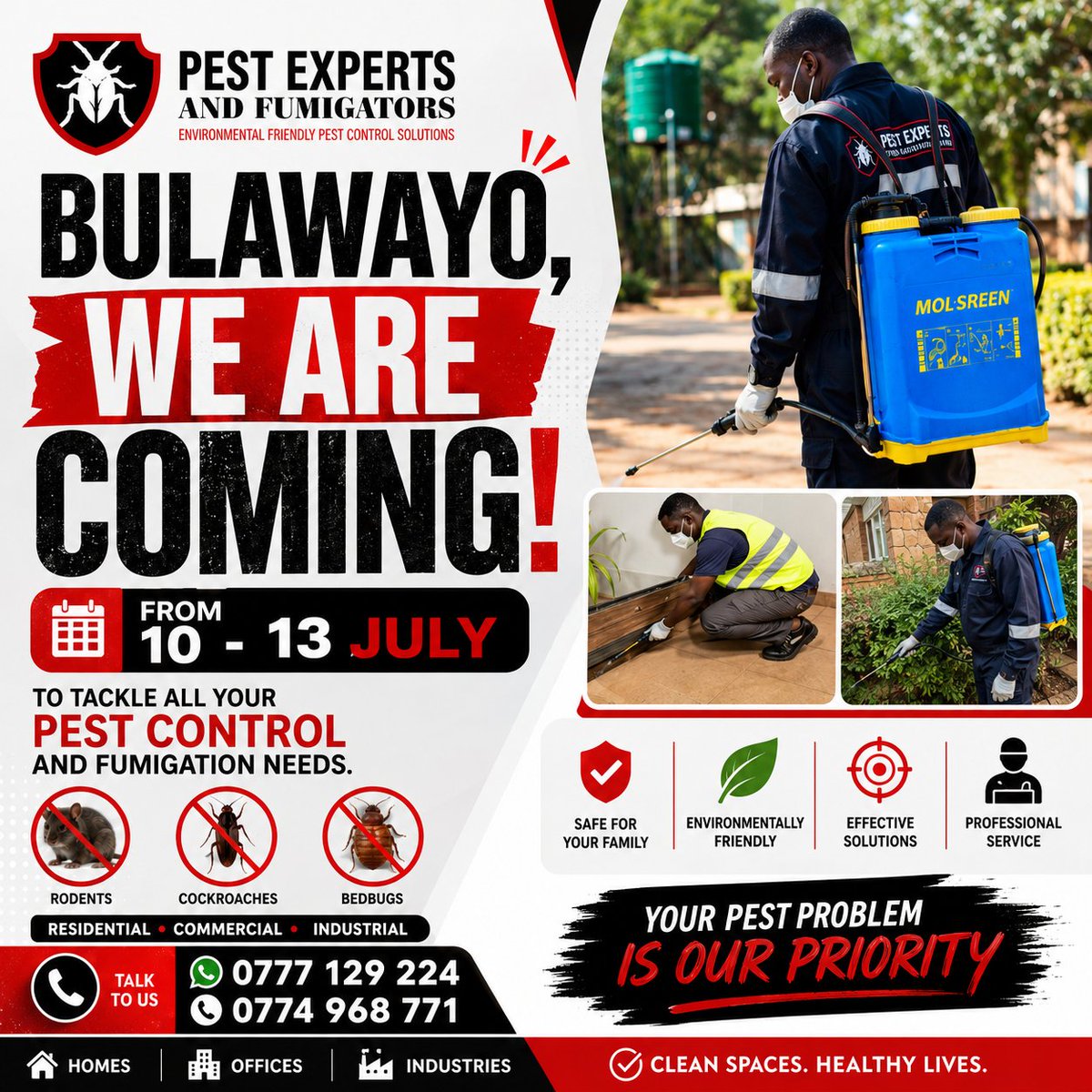 pestexperts_zw's tweet photo. 📍 Bulawayo, your pest solution is arriving!
🗓️ 10–13 July
Pest Experts & Fumigators will be in your area tackling:
🐀 Rodents
🪳 Cockroaches
🛏️ Bedbugs
📞 0777 129 224 | 0774 968 771
Your pest problem is our priority.
#Bulawayo #PestControl #Fumigation #Zimbabwe https://t.co/zKBUZm8I6p