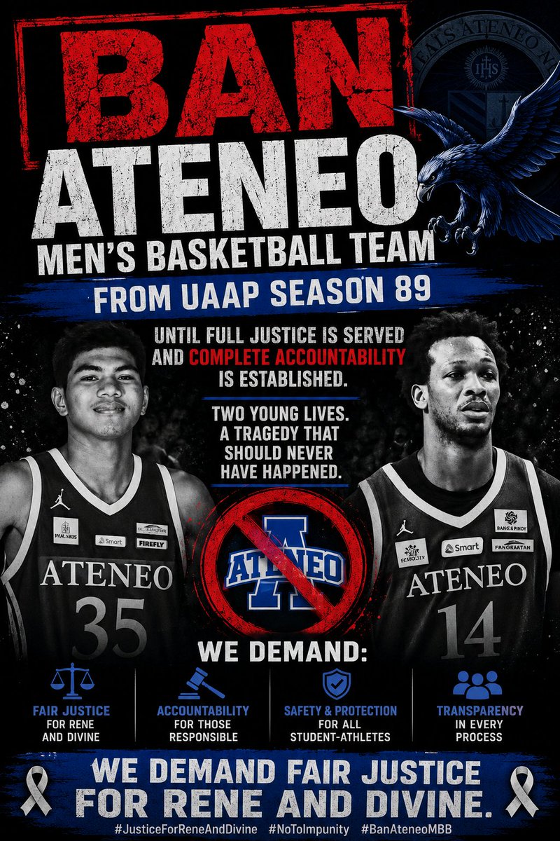 Rose4GoodGov's tweet photo. @PhilippineStar No institution is above the law. We petition the UAAP to suspend the Ateneo basketball program for Season 89 until the culprits face full legal consequences for the tragic deaths of Rene and Divine. #FAIRJUSTICE https://t.co/3GDKoL0KkF
