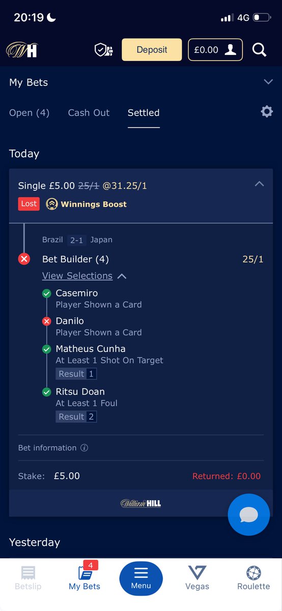 AnonymousBlue20's tweet photo. @WilliamHill why was this not paid out? You even suspended Danilo in play when he got booked. You only ever show the players who are on the pitch - Danilo means Danilo, not Danilo Santos ??? @OptaJoe https://t.co/e1vYSZasN0