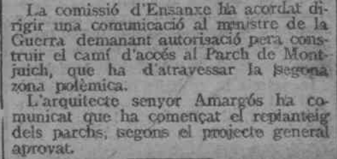 anys_poble_sec's tweet photo. Fa #115anys la comissió de l'Eixample va demanar permís al Ministeri de Guerra per fer un camí al parc de #Montjuïc, probablament el nou parc #Laribal. Font: La Veu de Catalunya (06/02/1911) https://t.co/LApPeEsln5