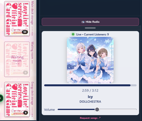 YumeGipsu's tweet photo. LLTCG Web Sim v0.1.1
- SFX added
- Japanese language support
- Star Gems currency added (Extra duplicates of cards convert into gems, use to pull more booster packs)
- New sorting for deck builder.
- Radio Music player 
- Spectate Mode
- Many skill bugfixes (And many more to go) https://t.co/MdfWK6MjPs