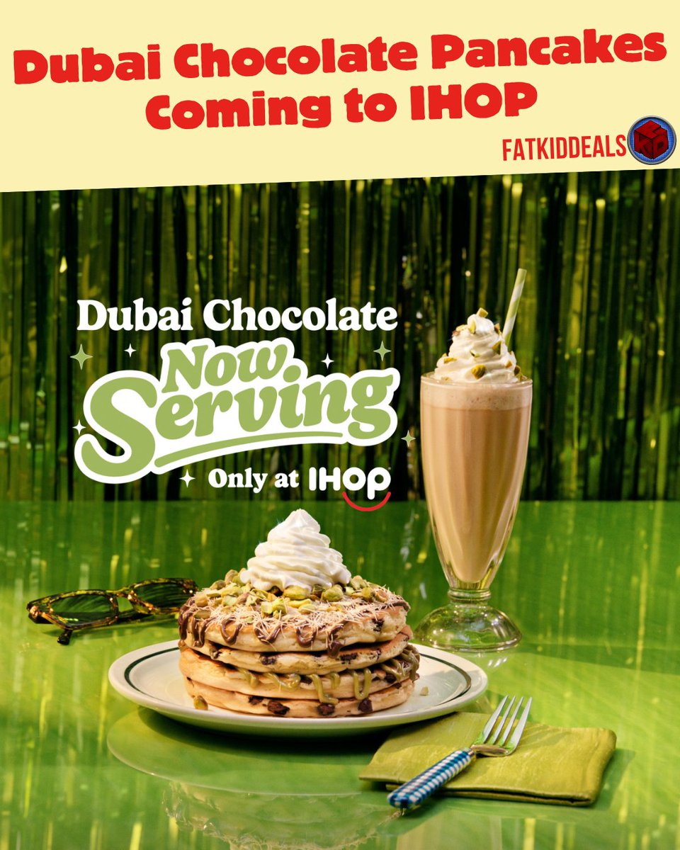 FatKidDeals's tweet photo. After a limited New York Release, the Dubai Chocolate Pancakes will be available nationwide at IHOP starting June 29th. They will also be offering a Dubai Chocolate Milkshake https://t.co/0vAPeK7zV1