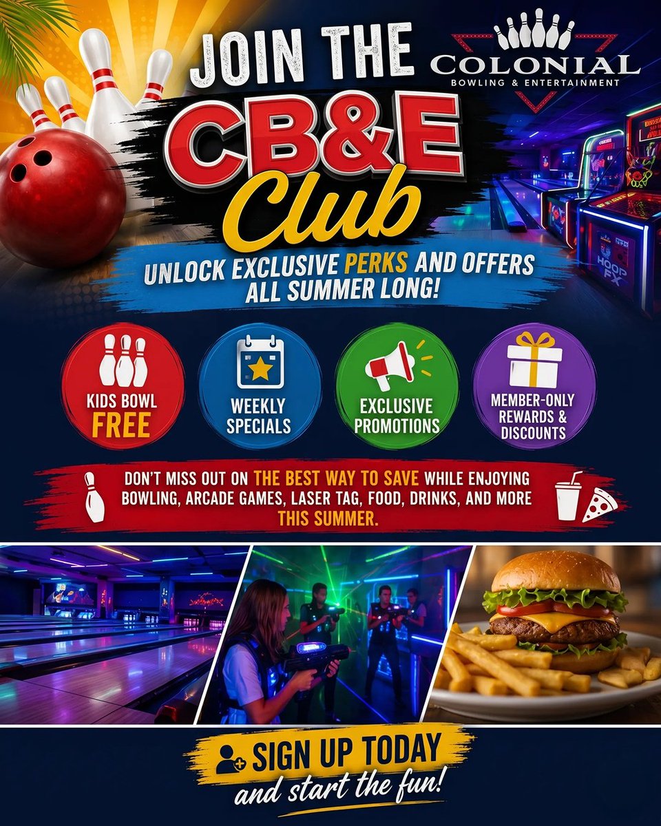 ColonialBowlNJ's tweet photo. Summer savings unlocked 🎳

Join the CB&amp;E Club → Kids Bowl Free + weekly specials + exclusive perks

Sign up now. #KidsBowlFree #ColonialBowling https://t.co/ryM2Br4XxM