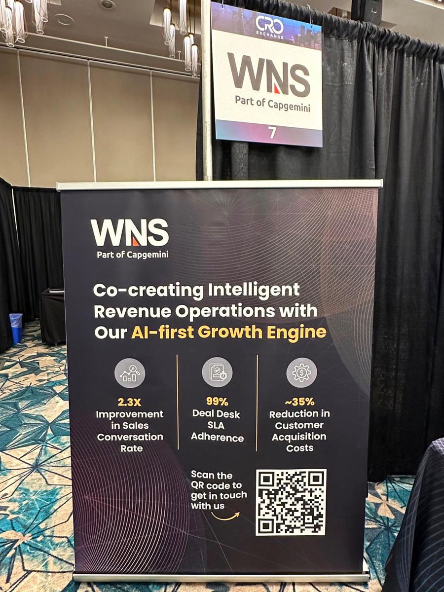 wnsholdings's tweet photo. Predictable growth requires #AI-first Revenue Operations. At CRO Exchange 2026, WNS, part of Capgemini, joined revenue leaders to discuss scaling growth, strengthening GTM execution, expanding markets, and delivering measurable business #outcomes. https://t.co/H2VLvbaMKm