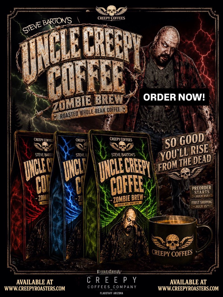 UncleCreepy's tweet photo. TODAY’S THE DAY! 3 versions of Steve Barton’s Uncle Creepy #zombie brew coffee are NOW available for pre-order. Red is Dark Roast, Green is House Blend, and Blue is specifically brewed for Cold Brew. Shipping will commence July 15th! #horror

https://t.co/1ZqjIaEDYs https://t.co/hdvk9B4Wfj