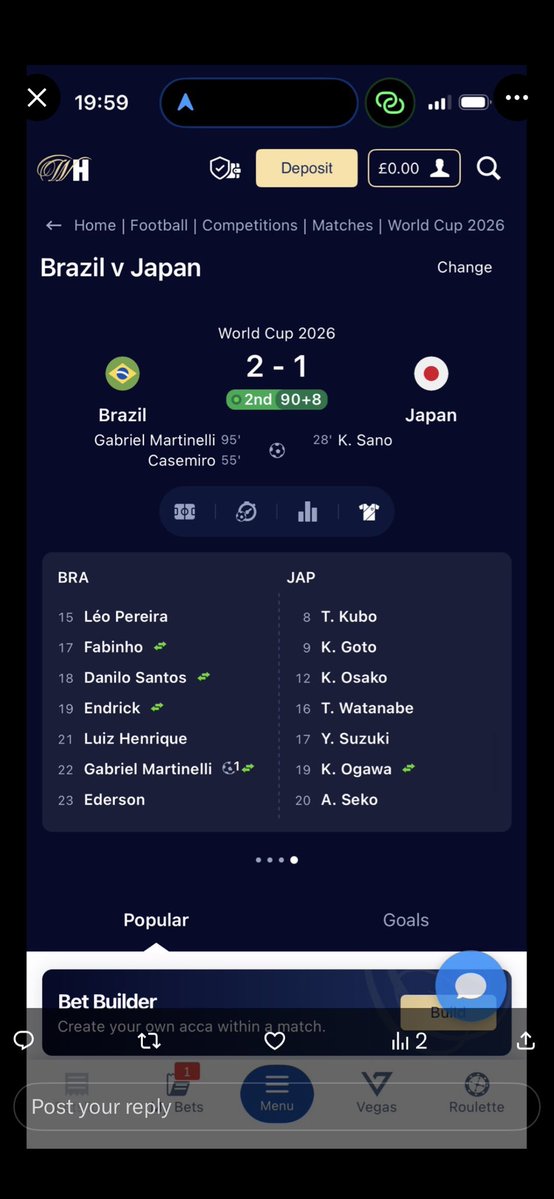 AnonymousBlue20's tweet photo. @WilliamHill why was this not paid out? You even suspended Danilo in play when he got booked. You only ever show the players who are on the pitch - Danilo means Danilo, not Danilo Santos ??? @OptaJoe https://t.co/ClwPfzkaM1