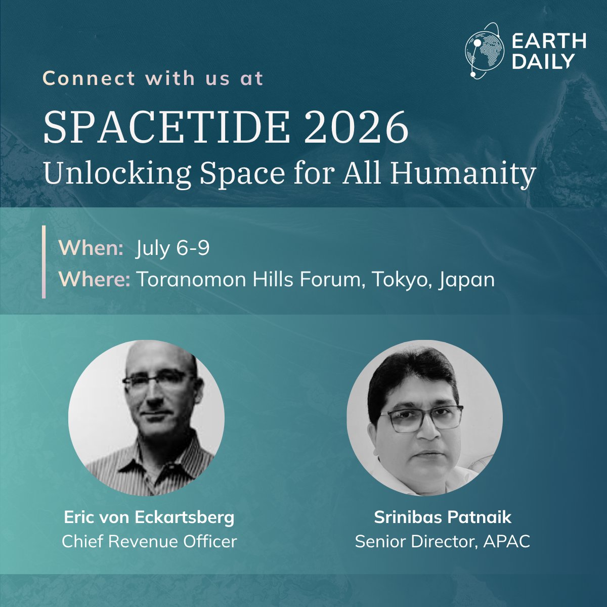 EarthDailyA's tweet photo. EarthDaily is excited to be attending this year's #SPACETIDE on July 6-9 in Tokyo, Japan!

If you are attending, we invite you to connect with our team to discuss the future of #EarthObservation.

#space #spacetechnology #satellite #geospatial https://t.co/YYWIPnIwxh