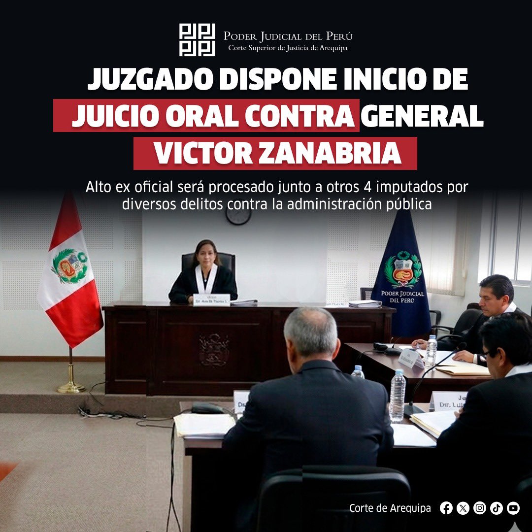 CorteArequipa's tweet photo. Jueza de Arequipa dispone el inicio del juicio oral contra el exjefe policial Víctor Zanabria Angulo y otros cuatro imputados por presuntos delitos contra la administración pública en el caso “Policías albañiles”. El proceso pasará a un Juzgado Penal Colegiado. #PoderJudicial https://t.co/NwLutsIoLT