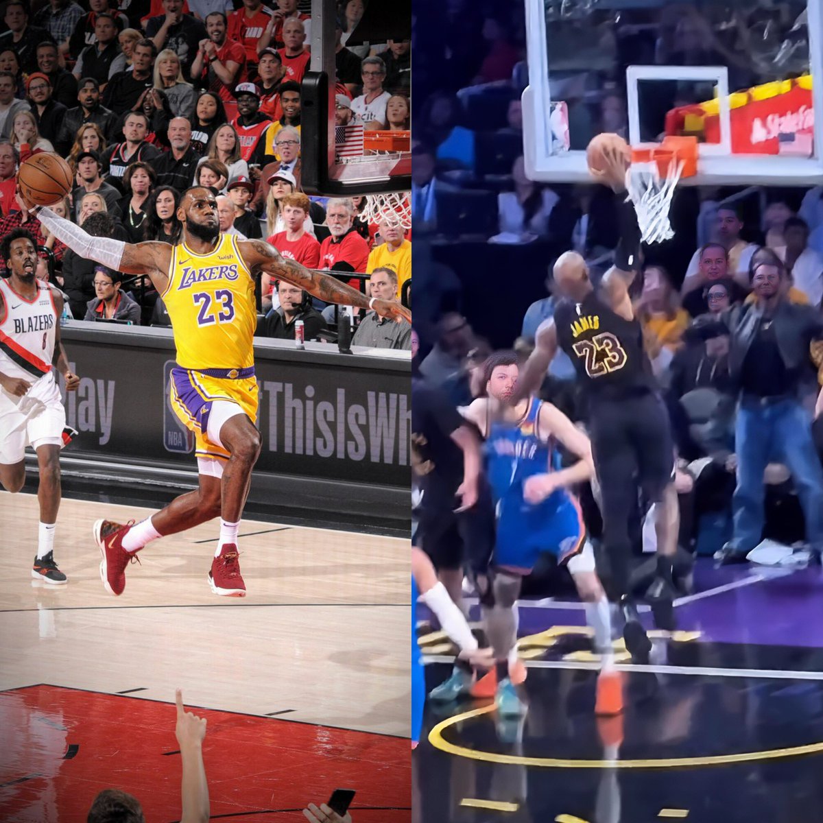 NBAMemes's tweet photo. LeBron’s first and final points as a Laker were both from dunks 🥹 https://t.co/v8gPo6JAw4