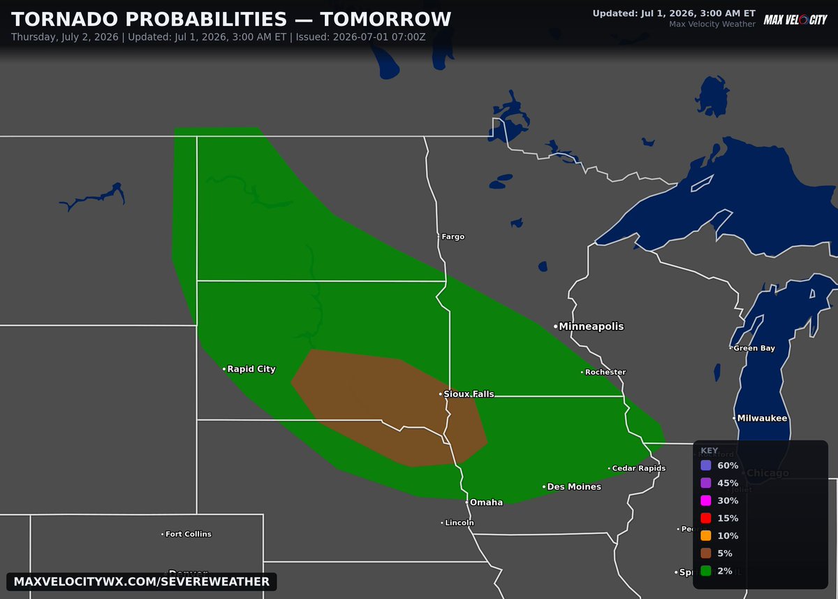 MaxVelocityWX's tweet photo. The best chance of tornadoes tomorrow will be focused over southeastern South Dakota, northeastern Nebraska, and western Iowa (particularly I-90 vicinity and south), where initial supercells that develop could drop a couple of tornadoes before storms congeal into a storm complex capable of bringing damaging wind gusts over 75mph as the primary threat. A tornado or two cannot be ruled out from the North Dakota/Montana border all the way to the Iowa/Illinois border.