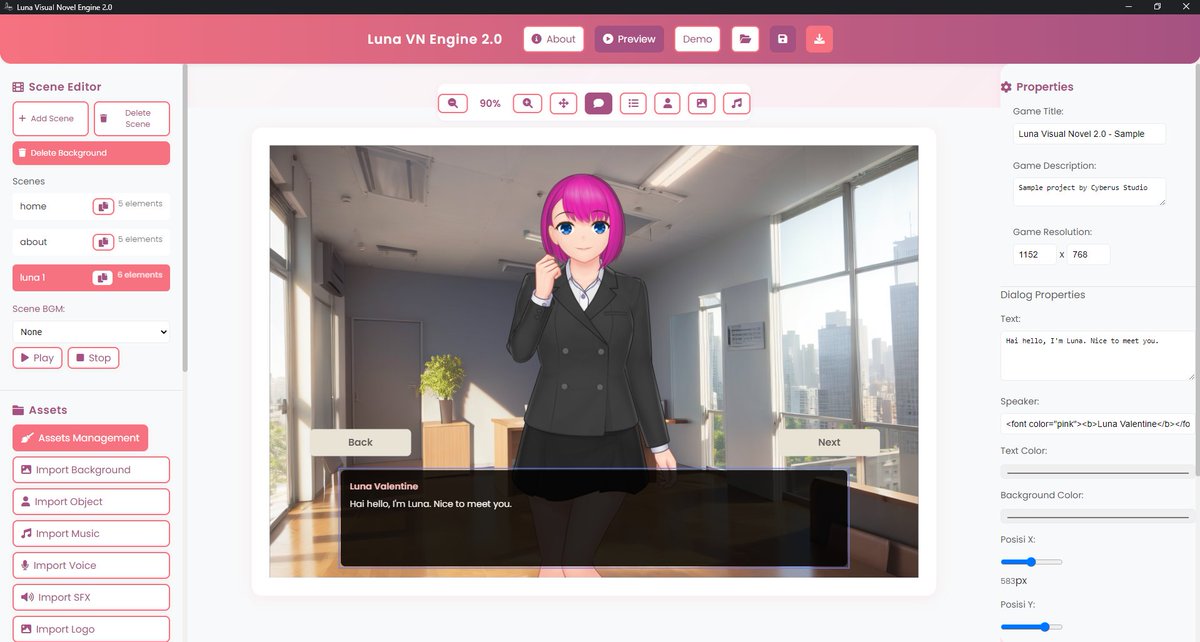cyberusstudio's tweet photo. Hello everyone! How are you today? It's been a while since we last met. Today, we're excited to announce the release of our latest project: Luna Visual Novel Engine 2. Luna Visual Novel Engine is a modern web-based game engine for creating visual novels game. https://t.co/hlk7cvX2A3