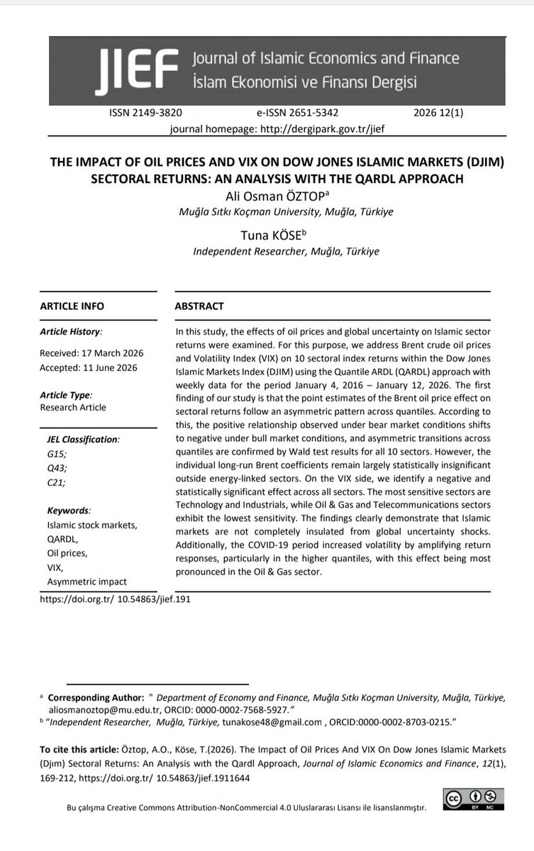 TunaKose's tweet photo. "The Impact of Oil Prices and VIX on Dow Jones Islamic Markets (DJIM) Sectoral Returns: An Analysis with the QARDL Approach" başlıklı çalışmamız, İslam Ekonomisi ve Finansı Dergisinde yayımlandı. İlgilisine duyurulur.🎉 
https://t.co/XyjCnBGMB0 https://t.co/jvNpH5X9Hp