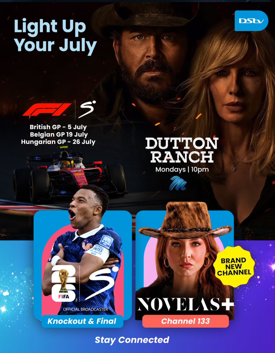 DStvNg's tweet photo. Your July plans just got brighter ✨
Turn up the excitement with Formula 1, football, blockbuster stories, and a brand-new channel waiting for you.
Light Up Your July with DStv. 💙 https://t.co/jKn4GM8VN0